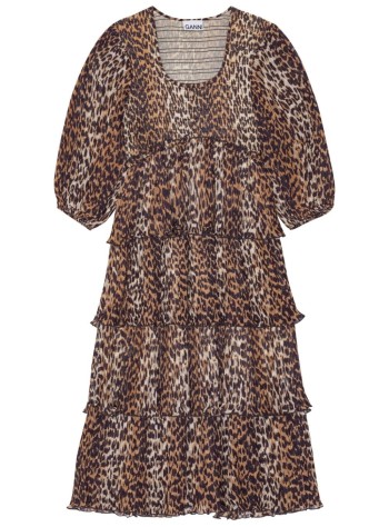 Pleated Georgette Flounce Smock Midi Dress Leopard
